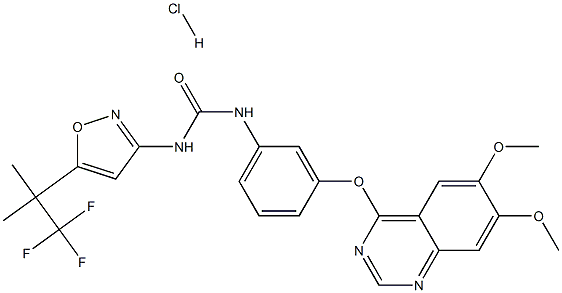 1-(3-(6,7-ジメトキシキナゾリン-4-イルオキシ)フェニル)-3-(5-(1,1,1-トリフルオロ-2-メチルプロパン-2-イル)イソオキサゾール-3-イル)尿素塩酸塩 化学構造式