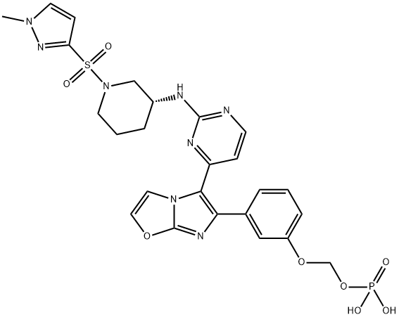Methanol, 1-[3-[5-[2-[[(3R)-1-[(1-Methyl-1H-pyrazol-3-yl)sulfonyl]-3-piperidinyl]aMino]-4-pyriMidinyl]iMidazo[2,1-b]oxazol-6-yl]phenoxy]-, 1-(dihydrogen phosphate) Struktur
