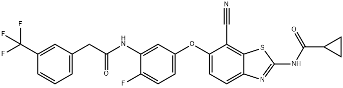 N-[2-フルオロ-5-[[2-(シクロプロピルカルボニルアミノ)-7-シアノベンゾチアゾール-6-イル]オキシ]フェニル]-3-(トリフルオロメチル)ベンゼンアセトアミド 化学構造式