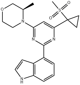 4-[4-[1-(メチルスルホニル)シクロプロピル]-6-[(3R)-3-メチルモルホリノ]-2-ピリミジニル]-1H-インドール 化学構造式