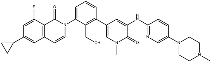 2-[2-(ヒドロキシメチル)-3-[5-[[5-(4-メチルピペラジン-1-イル)-2-ピリジル]アミノ]-1-メチル-6-オキソ-1,6-ジヒドロピリジン-3-イル]フェニル]-8-フルオロ-6-シクロプロピル-3,4-ジヒドロイソキノリン-1(2H)-オン 化学構造式