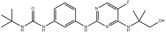 1-(TERT-ブチル)-3-(3-((5-フルオロ-4-((1-ヒドロキシ-2-メチルプロパン-2-イル)アミノ)ピリミジン-2-イル)アミノ)フェニル)尿素 化学構造式