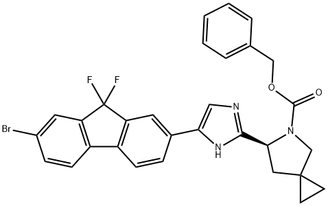 (6S)-6-[5-(7-Bromo-9,9-difluoro-9H-fluoren-2-yl)-1H-imidazol-2-yl]-5-azaspiro[2.4]heptane-5-carboxylic acid phenylmethyl ester 化学構造式