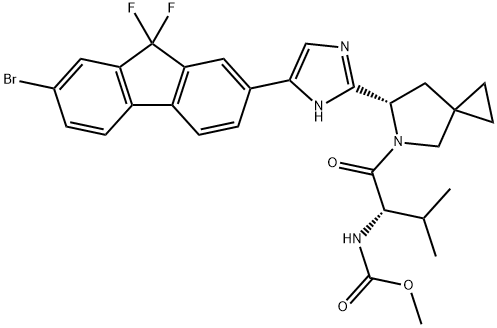 N-[(1S)-1-[[(6S)-6-[5-(7-溴-9,9-二氟-9H-芴-2-基)-1H-咪唑-2-基]-5-氮杂螺[2.4]庚烷-5-基]羰基]-2-甲基丙基]氨基甲酸甲酯,1256388-50-7,结构式