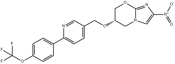 2-ニトロ-6-[[6-[4-(トリフルオロメトキシ)フェニル]ピリジン-3-イル]メトキシ]-6,7-ジヒドロ-5H-イミダゾ[2,1-b][1,3]オキサジン 化学構造式