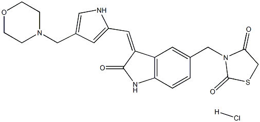 2,4-Thiazolidinedione, 3-[[(3Z)-2,3-dihydro-3-[[4-(4-MorpholinylMethyl)-1H-pyrrol-2-
yl]Methylene]-2-oxo-1H-indol-5-yl]Methyl]-, hydrochloride, 1265965-19-2, 结构式