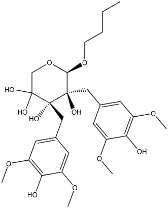 [(2R,3R)-4-(3,5-ジメトキシ-4-ヒドロキシフェニル)-3-(ヒドロキシメチル)-2-(3,5-ジメトキシ-4-ヒドロキシベンジル)ブチル]β-D-キシロピラノシド 化学構造式