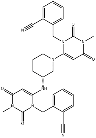 (R)-2-((6-(3-((3-(2-cyanobenzyl)-1-Methyl-2,6-dioxo-1,2,3,6-tetrahydropyriMidin-4-yl)aMino)piperidin-1-yl)-3-Methyl-2,4-dioxo-3,4-dihydropyriMidin-1(2H)-yl)Methyl)benzonitrile Structure