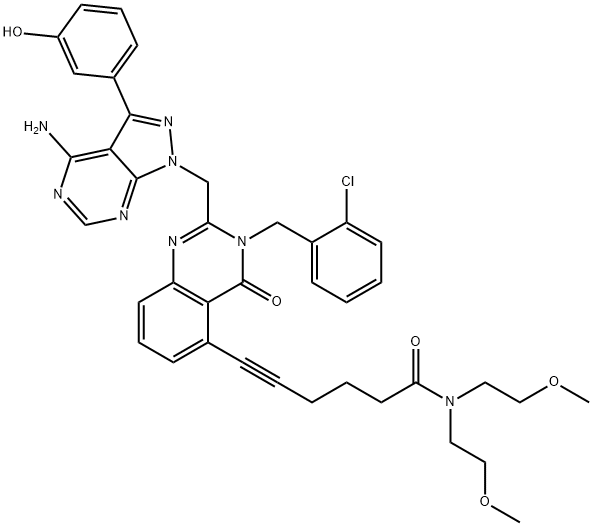 5-HexynaMide, 6-[2-[[4-aMino-3-(3-hydroxyphenyl)-1H-pyrazolo[3,4-d]pyriMidin-1-yl]Methyl]-3-[(2-chlorophenyl)Methyl]-3,4-dihydro-4-oxo-5-quinazolinyl]-N,N-bis(2-Methoxyethyl)- 化学構造式