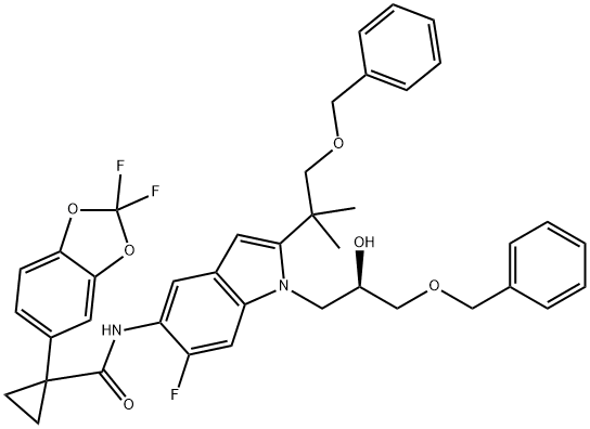 CyclopropanecarboxaMide, 1-(2,2-difluoro-1,3-benzodioxol-5-yl)-N-[2-[1,1-diMethyl-2-(phenylMethoxy)ethyl]-6-fluoro-1-[(2R)-2-hydroxy-3-(phenylMethoxy)propyl]-1H-indol-5-yl]- Struktur