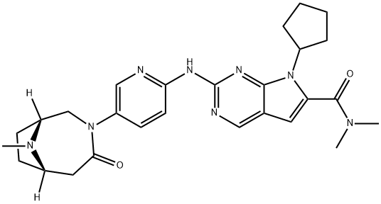 7-Cyclopentyl-N,N-dimethyl-2-[[5-[(1R,6S)-9-methyl-4-oxo-3,9-diazabicyclo[4.2.1]non-3-yl]-2-pyridinyl]amino]-7H-Pyrrolo[2,3-d]pyrimidine-6-carboxamide Struktur