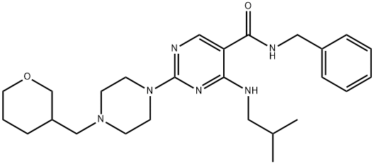 5-PyriMidinecarboxaMide, 4-[(2-Methylpropyl)aMino]-N-(phenylMethyl)-2-[4-[(tetrahydro-2H-pyran-3-yl)Methyl]-1-piperazinyl]- Struktur