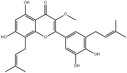 2-[3,4-二羟基-5-(3-甲基-2-丁烯-1-基)苯基]-5,7-二羟基-3-甲氧基-8-(3-甲基-2-丁烯-1-基)-4H-1-苯并吡喃-4-酮,1353676-65-9,结构式