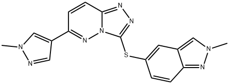 3-[(2-甲基-2H-吲唑-5-基)硫基]-6-(1-甲基-1H-吡唑-4-基)-1,2,4-三唑并[4,3-B]哒嗪, 1357072-61-7, 结构式