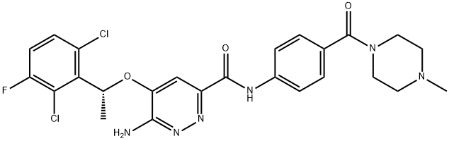 6-アミノ-5-[(1R)-1-(2,6-ジクロロ-3-フルオロフェニル)エトキシ]-N-[4-(4-メチルピペラジン-1-カルボニル)フェニル]ピリダジン-3-カルボキサミド 化学構造式