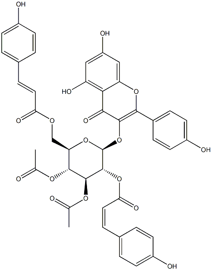 3-[[3,4-二-O-乙酰基-2,6-二-O-[(2E)-3-(4-羟基苯基)-1-氧代-2-丙烯-1-基]-BETA-D-吡喃葡萄糖基]氧基]-5,7-二羟基-2-(4-羟基苯基)-4H-1-苯并吡喃-4-酮,137018-33-8,结构式