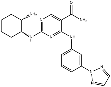 6-[3-(2H-1,2,3-トリアゾール-2-イル)フェニルアミノ]-2-[(2β-アミノシクロヘキサン-1β-イル)アミノ]ピリミジン-5-カルボアミド 化学構造式