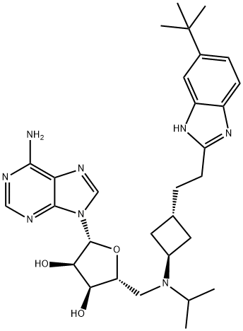 (2R,3R,4S,5R)-2-(6-aMino-9H-purin-9-yl)-5-((((1r,3S)-3-(2-(5-(tert-butyl)-1H-benzo[d]iMidazol-2-yl)ethyl)cyclobutyl)(isopropyl)aMino)Methyl)tetrahydrofuran-3,4-diol Struktur