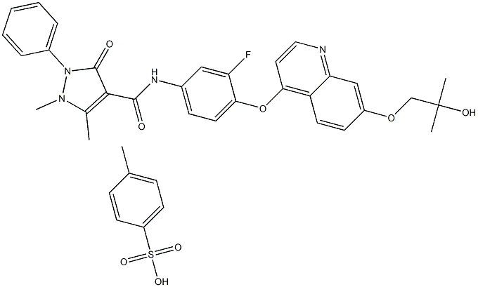 P-トルエンスルホン酸N-(3-フルオロ-4-((7-(2-ヒドロキシ-2-メチルプロポキシ)キノリン-4-イル)オキシ)フェニル)-1,5-ジメチル-3-オキソ-2-フェニル-2,3-ジヒドロ-1H-ピラゾール-4-カルボキサミ 化学構造式