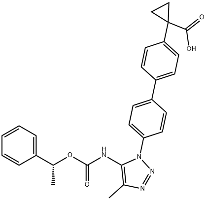 Cyclopropanecarboxylic acid, 1-[4'-[4-Methyl-5-[[[(1R)-1-phenylethoxy]carbonyl]aMino]-1H-1,2,3-triazol-1-yl][1,1'-biphenyl]-4-yl]- Structure