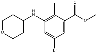 5-ブロモ-2-メチル-3-((テトラヒドロ-2H-ピラン-4-イル)アミノ)安息香酸メチル 化学構造式