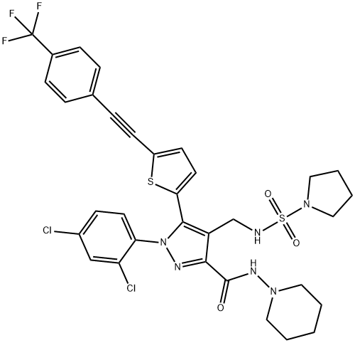 1429239-98-4 1-(2,4-二氯苯基)-N-1-哌啶基-4-[[(1-吡咯烷基磺酰基)氨基]甲基]-5-[5-[2-[4-(三氟甲基)苯基]乙炔基]-2-噻吩基]-1H-吡唑-3-甲酰胺