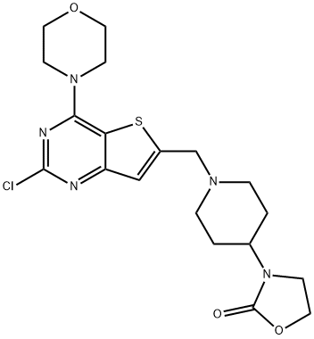 3-(1-((2-クロロ-4-モルホリノチエノ[3,2-D]ピリミジン-6-イル)メチル)ピペリジン-4-イル)オキサゾリジン-2-オン 化学構造式