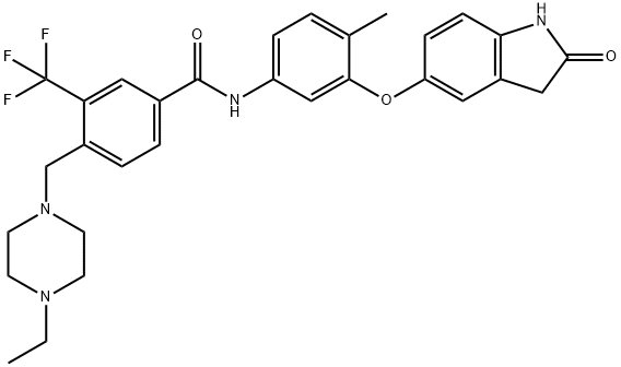 N-[3-[(2,3-二氢-2-氧代-1H-吲哚-5-基)氧基]-4-甲基苯基]-4-[(4-乙基-1-哌嗪基)甲基]-3-(三氟甲基)苯甲酰胺,1449685-96-4,结构式