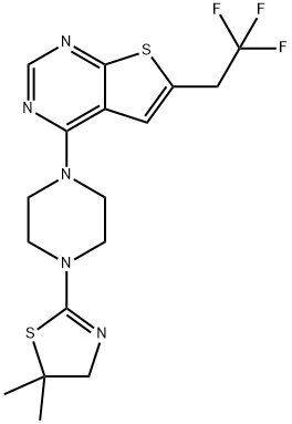 4-(4-(5,5-diMethyl-4,5-dihydrothiazol-2-yl)piperazin-1-yl)-6-(2,2,2-trifluoroethyl)thieno[2,3-d]pyriMidine 化学構造式