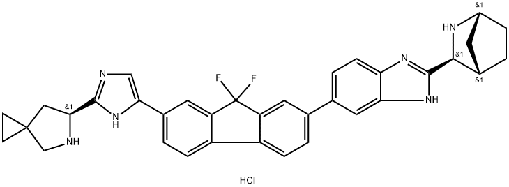 (6S)-6-[5-[7-[2-(1R,3S,4S)-2-氮杂双环[2.2.1]庚烷-3-基-1H-苯并咪唑-6-基]-9,9-二氟-9H-芴-2-基]-1H-咪唑-2-基]-5-氮杂螺[2.4]庚烷四盐酸盐,1499193-67-7,结构式