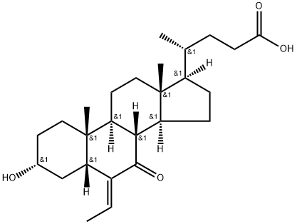 (R)-4-((3R,5R,8S,9S,10R,13R,14S,17R,E)-6-エチリデン-3-ヒドロキシ-10,13-ジメチル-7-オキソヘキサデカヒドロ-1H-シクロペンタ[A]フェナントレン-17-イル)ペンタン酸 化学構造式