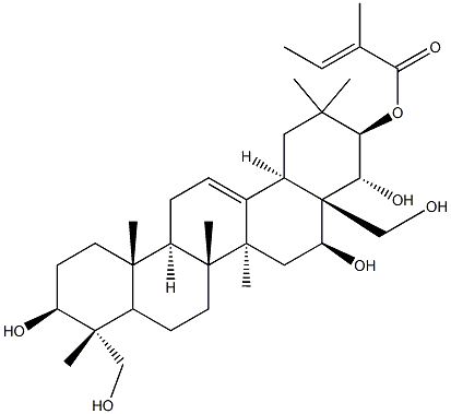 (3BETA,4ALPHA,16BETA,21BETA,22ALPHA)-齐墩果-12-烯-3,16,21,22,23,28-六醇 21-[(2E)-2-甲基-2-丁烯酸酯], 1581276-63-2, 结构式