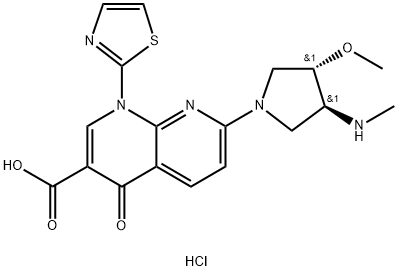 (3S-反式)-1,4-二氢-7-[3-甲氧基-4-(甲基氨基)-1-吡咯烷基]-4-氧代-1-(2-噻唑基)-1,8-萘啶-3-羧酸单盐酸盐, 175519-16-1, 结构式