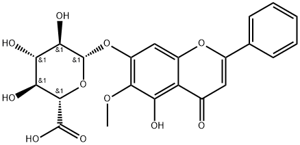 5-ヒドロキシ-6-メトキシ-2-フェニル-4-オキソ-4H-1-ベンゾピラン-7-イルβ-D-グルコピラノシドウロン酸 化学構造式