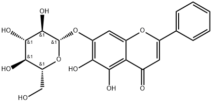 5,6-ジヒドロキシ-7-[(β-D-グルコピラノシル)オキシ]-2-フェニル-4H-1-ベンゾピラン-4-オン 化学構造式