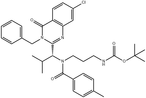 Carbamic acid, [3-[[(1R)-1-[7-chloro-3,4-dihydro-4-oxo-3-(phenylmethyl)-2-quinazolinyl]- 2-methylpropyl](4-methylbenzoyl)amino]propyl]-, 1,1-dimethylethyl ester Struktur