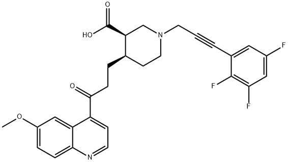 (3R,4R)-1-[3-(2,3,5-トリフルオロフェニル)-2-プロピニル]-4α-[3-(6-メトキシ-4-キノリル)-3-オキソプロピル]ピペリジン-3α-カルボン酸 化学構造式