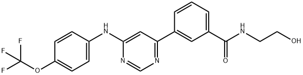 N-(2-ヒドロキシエチル)-3-[6-[4-(トリフルオロメトキシ)アニリノ]ピリミジン-4-イル]ベンズアミド 化学構造式