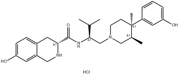 (3R)-1,2,3,4-四氢-7-羟基-N-[(1S)-1-[[(3R,4R)-4-(3-羟基苯基)-3,4-二甲基-1-哌啶基]甲基]-2-甲基丙基]-3-异喹啉甲酰胺盐酸盐, 785835-79-2, 结构式