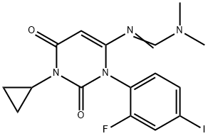 (E)-N'-(1-シクロプロピル-3-(2-フルオロ-4-ヨードフェニル)-2,6-ジオキソ-1,2,3,6-テトラヒドロピリミジン-4-イル)-N,N-ジメチルホルムイミドアミド 化学構造式