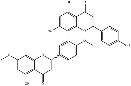 2,3-ジヒドロ-4',5,5'',7-テトラヒドロキシ-4''',7''-ジメトキシ-3',8''-ビフラボン 化学構造式