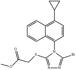 2-[[5-溴-4-(4-环丙基萘-1-基)-4H-1,2,4-三唑-3-基]硫基]乙酸甲酯,878671-99-9,结构式