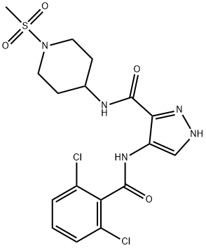 4-(2,6-二氯苯甲酰基氨基)-1H-吡唑-3-羧酸 N-[1-(甲基磺酰基)哌啶-4-基]酰胺, 902156-99-4, 结构式