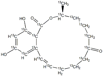 (3S,11E)-3,4,5,6,9,10-Hexahydro-14,16-dihydroxy-3-(methyl-<sup>13</sup>C)-1H-2-benzoxacyclotetradecin-1,7(8H)-dione-<sup>13</sup>C<sub>17</sub> Struktur