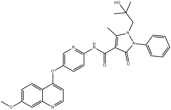 N-[5-(7-メトキシ-4-キノリニルオキシ)-2-ピリジニル]-1-(2-ヒドロキシ-2-メチルプロピル)-2-フェニル-3-オキソ-5-メチル-2,3-ジヒドロ-1H-ピラゾール-4-カルボアミド 化学構造式