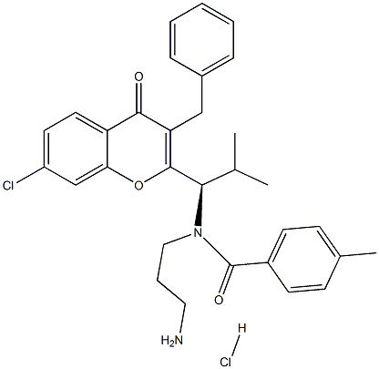N-(3-アミノプロピル)-N-[(1R)-1-(3-ベンジル-7-クロロ-4-オキソ-4H-クロメン-2-イル)-2-メチルプロピル]-4-メチルベンズアミド 化学構造式