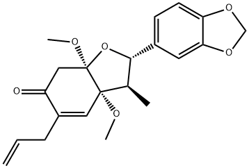 (2S,3R,3aS,7aR)-2-(2H-1,3-ベンゾジオキソール-5-イル)-3a,7a-ジメトキシ-3-メチル-5-(プロパ-2-エン-1-イル)-2,3,3a,6,7,7a-ヘキサヒドロ-1-ベンゾフラン-6-オン 化学構造式