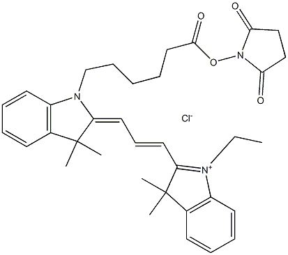 2-((1E,3E)-3-(1-(6-(2,5-Dioxopyrrolidin-1-yloxy)-6-oxohexyl)-3,3-diMethylindolin-2-ylidene)prop-1-enyl)-1-ethyl-3,3-diMethyl-3H-indoliuM chloride Struktur