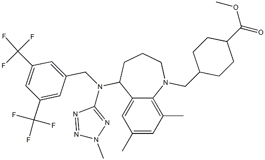 (1r,4r)-Methyl 4-((5-((3,5-bis(trifluoroMethyl)benzyl)(2-Methyl-2H-tetrazol-5-yl)aMino)-7,9-diMethyl-2,3,4,5-tetrahydro-1H-benzo[b]azepin-1-yl)Methyl)cyclohexanecarboxylate 化学構造式