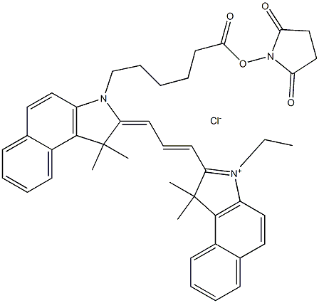 2-((1E,3E)-3-(3-(6-(2,5-Dioxopyrrolidin-1-yloxy)-6-oxohexyl)-1,1-diMethyl-1H-benzo[e]indol-2(3H)-ylidene)prop-1-enyl)-3-ethyl-1,1-diMethyl-1H-benzo[e]indoliuM chloride Struktur